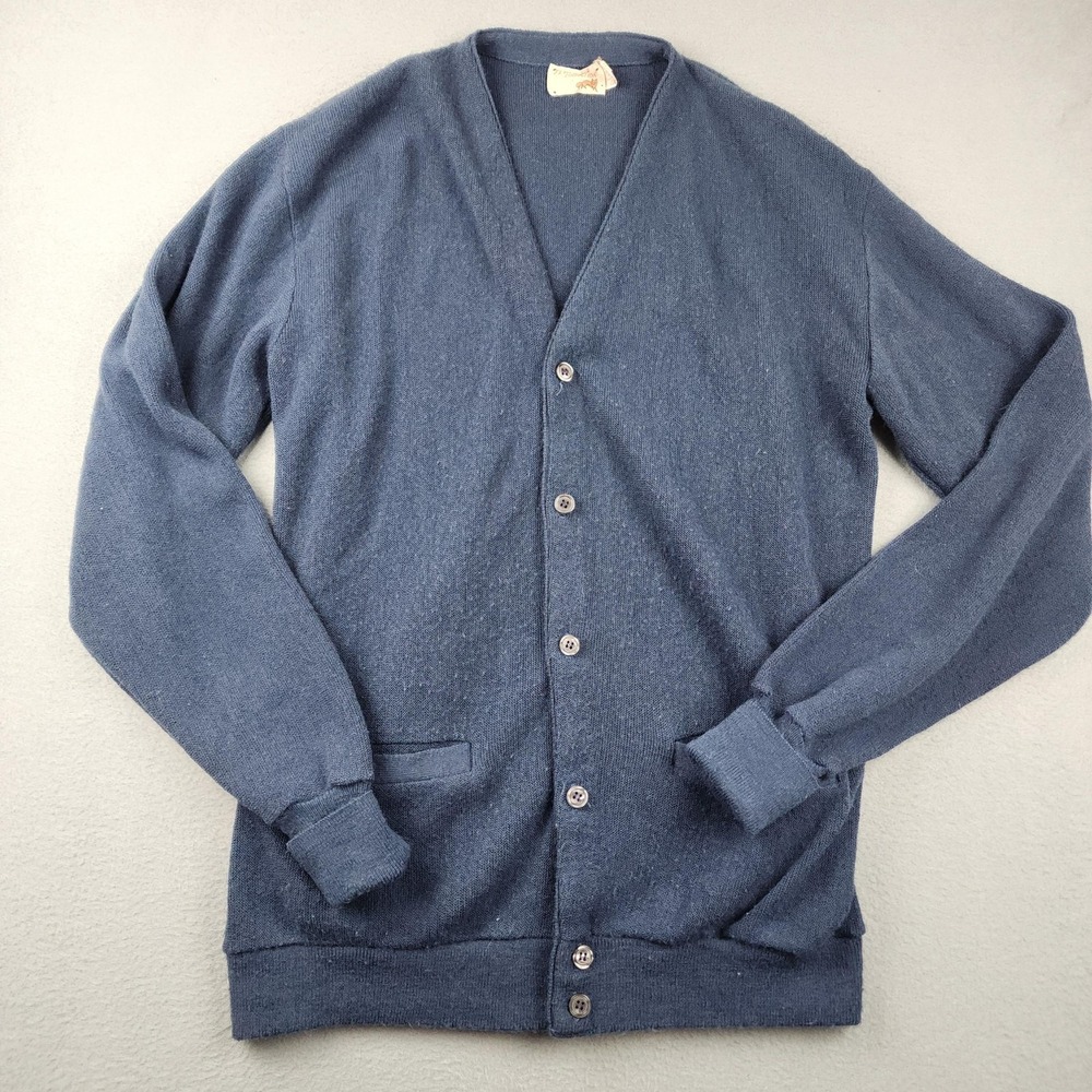 Vintage The Fox Collection Sweater Cardigan Mens 42-44 Blue Knit Pockets USA